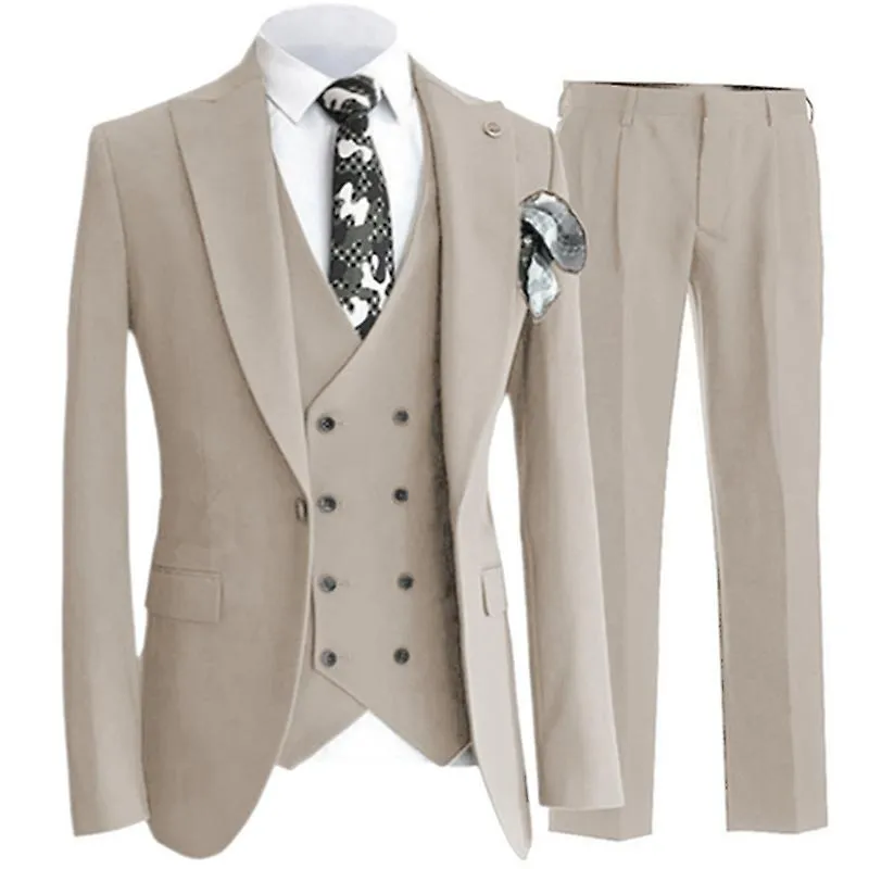 3 Pcs Set Suits Vest Pants / Fashion New Men Casual Boutique Business Pure Color Groom Wedding Hosting Suit Double Breasted Vest