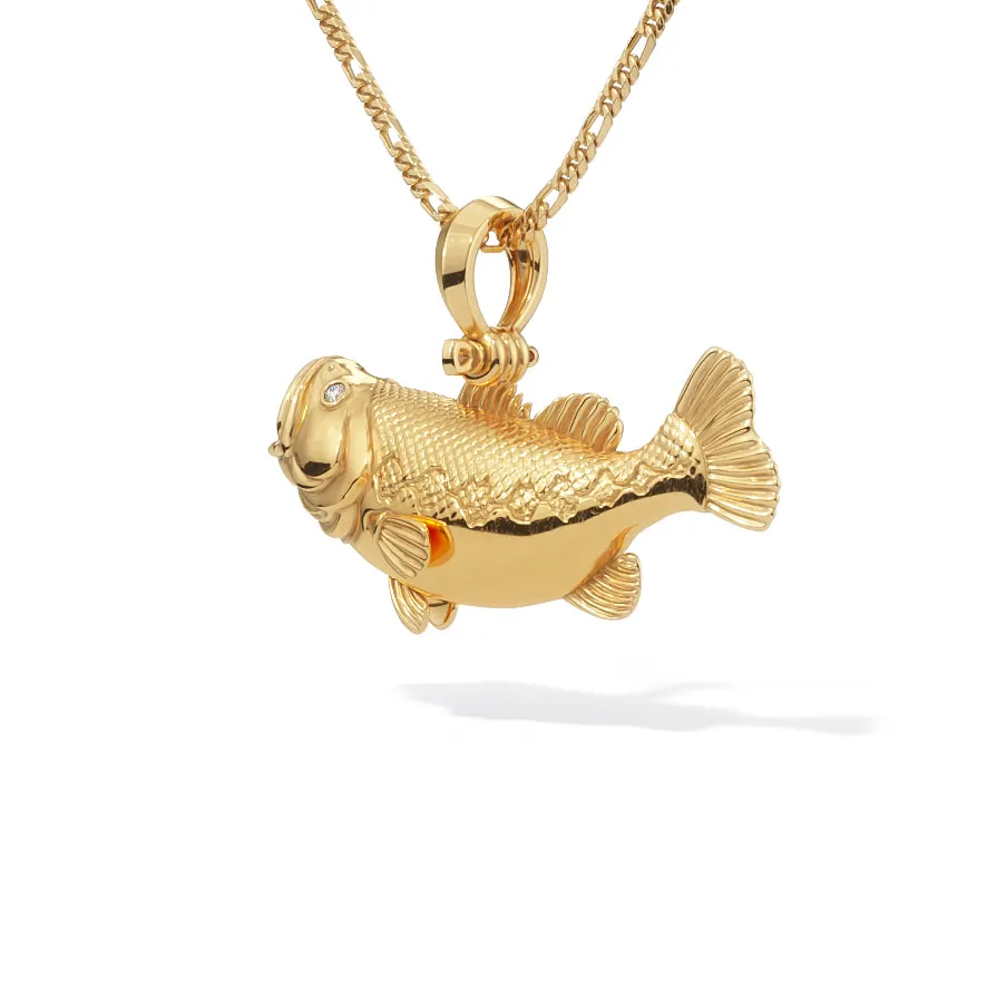 3D Large Mouth Bass Pendant with Diamond Eyes | 14k Gold