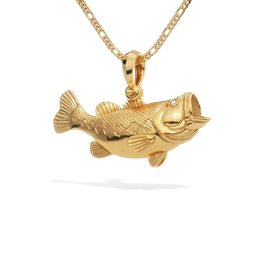 3D Large Mouth Bass Pendant with Diamond Eyes | 14k Gold