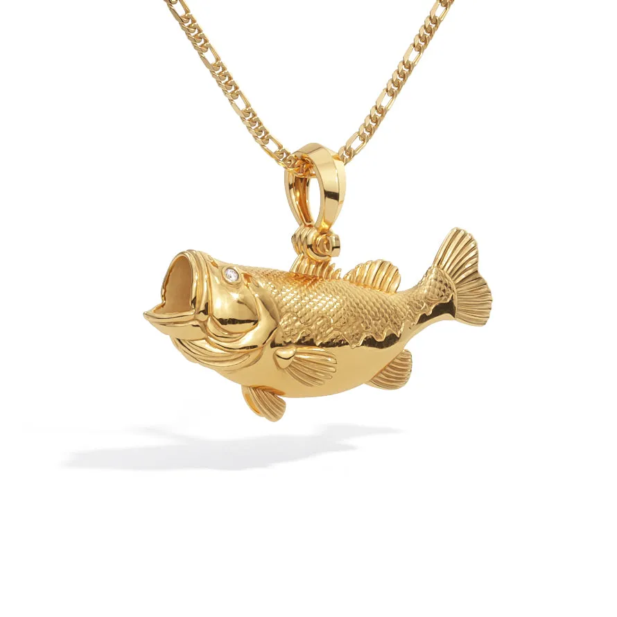 3D Large Mouth Bass Pendant with Diamond Eyes | 14k Gold