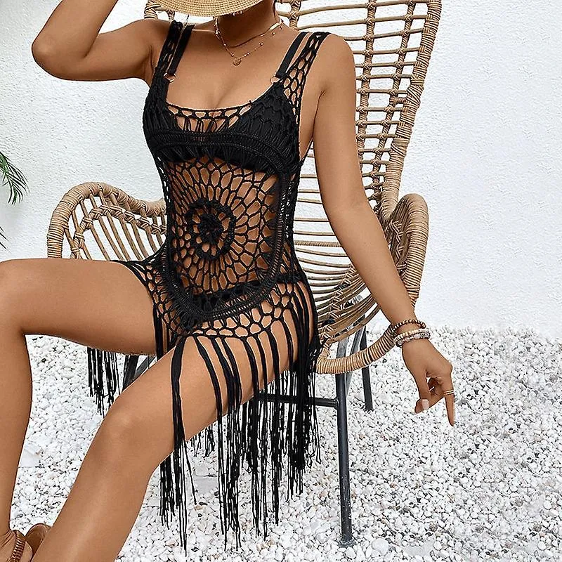 Beach Swimsuit Cover Up Women Crochet Bikini Coverups Summer Pool Swimwear Tassel Dress Black L