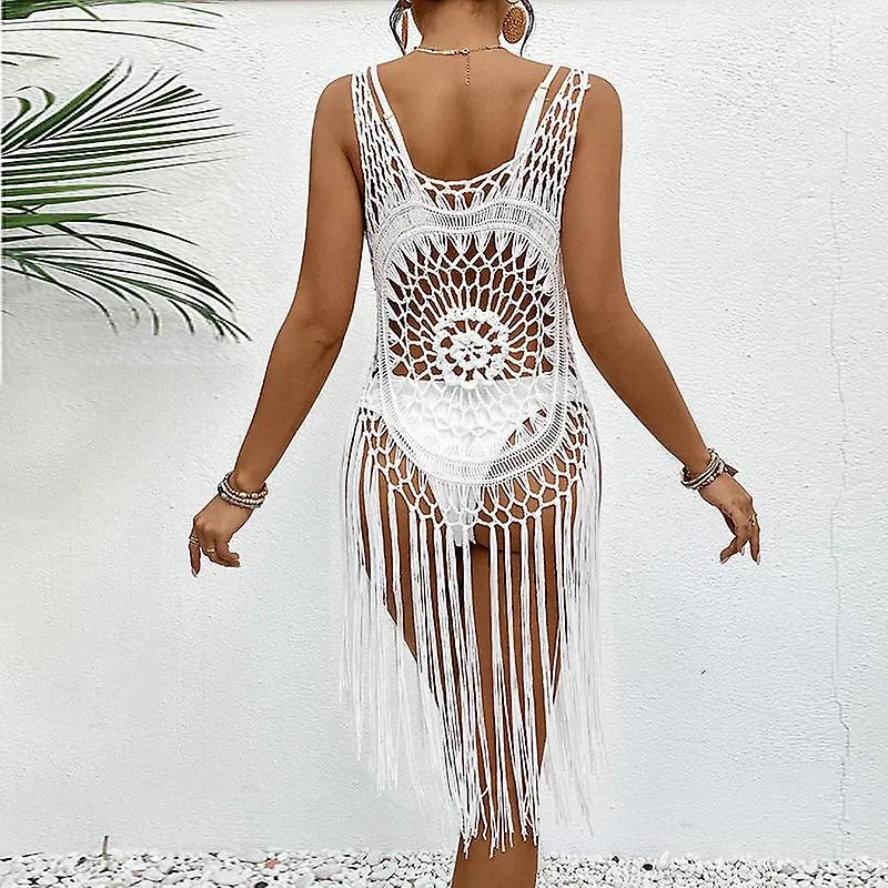 Beach Swimsuit Cover Up Women Crochet Bikini Coverups Summer Pool Swimwear Tassel Dress White M