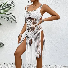 Beach Swimsuit Cover Up Women Crochet Bikini Coverups Summer Pool Swimwear Tassel Dress White M