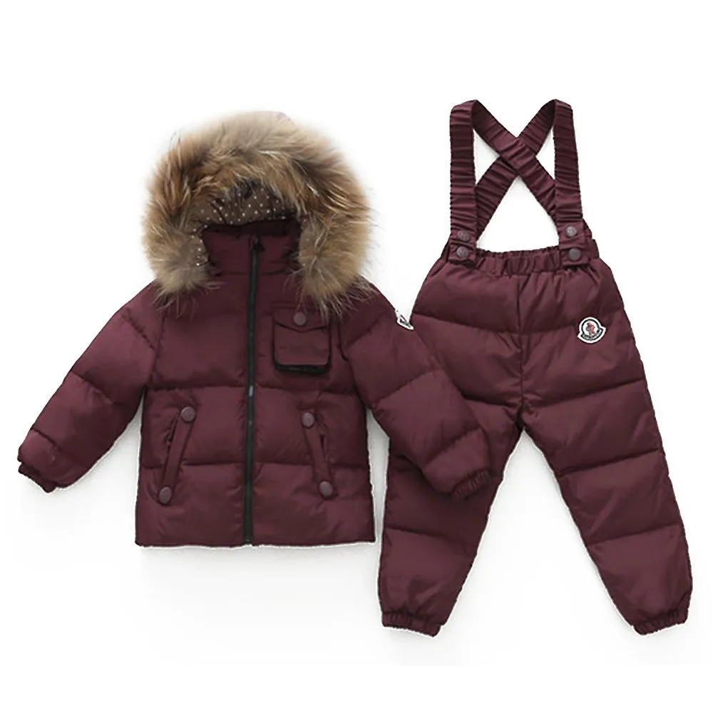 Child Thick Down Coat Racoon Fur Collar Warm Trousers