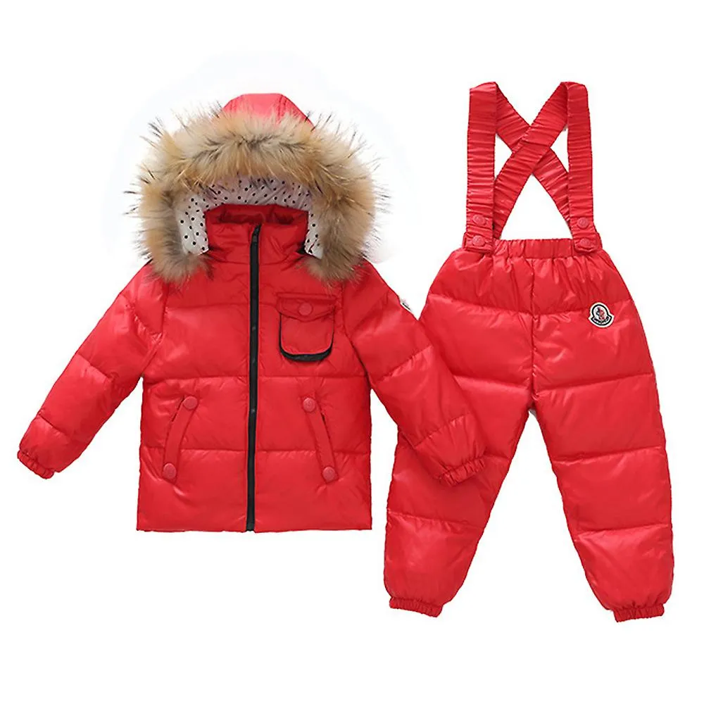 Child Thick Down Coat Racoon Fur Collar Warm Trousers