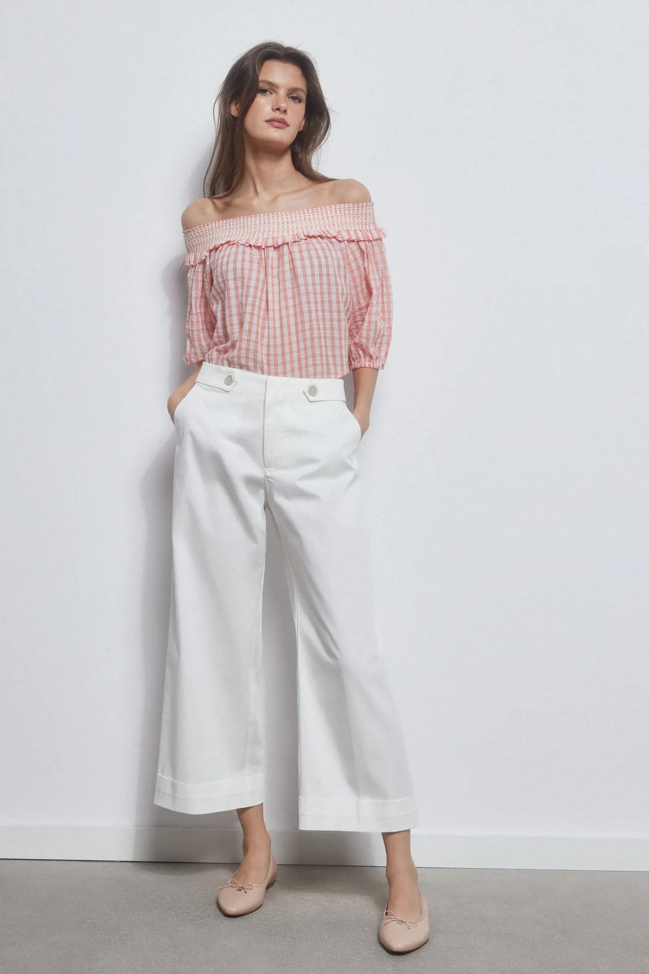 Cropped wide leg poplin trousers