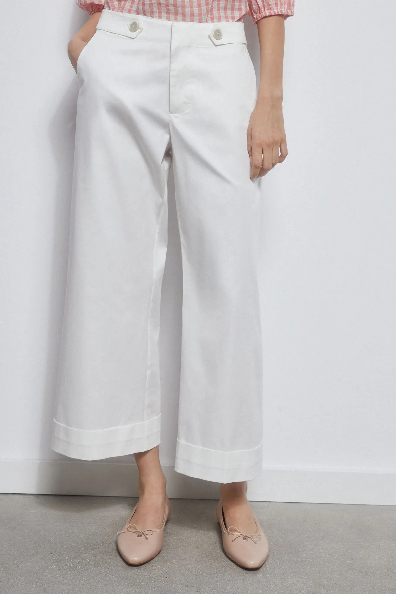 Cropped wide leg poplin trousers