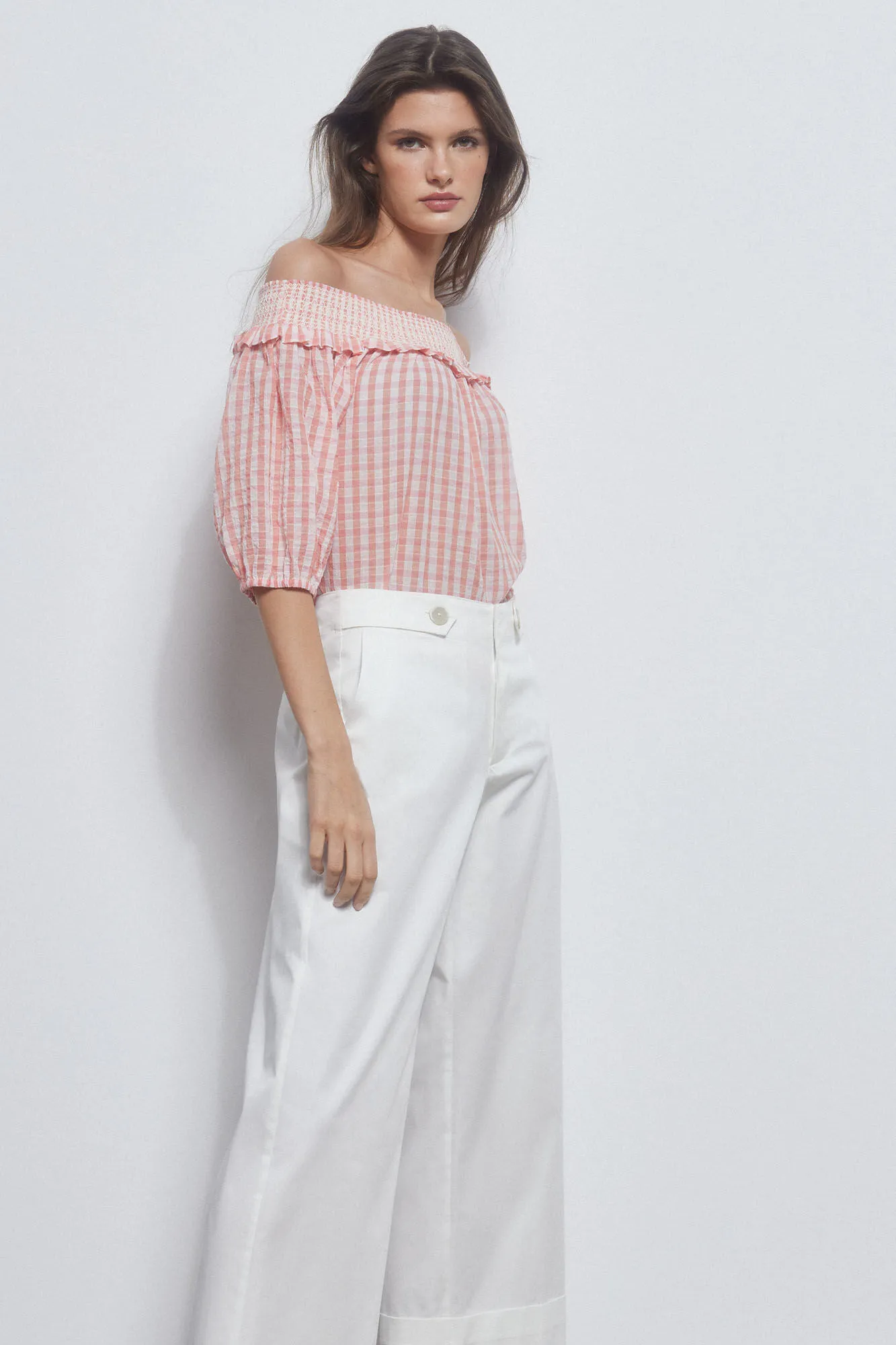 Cropped wide leg poplin trousers