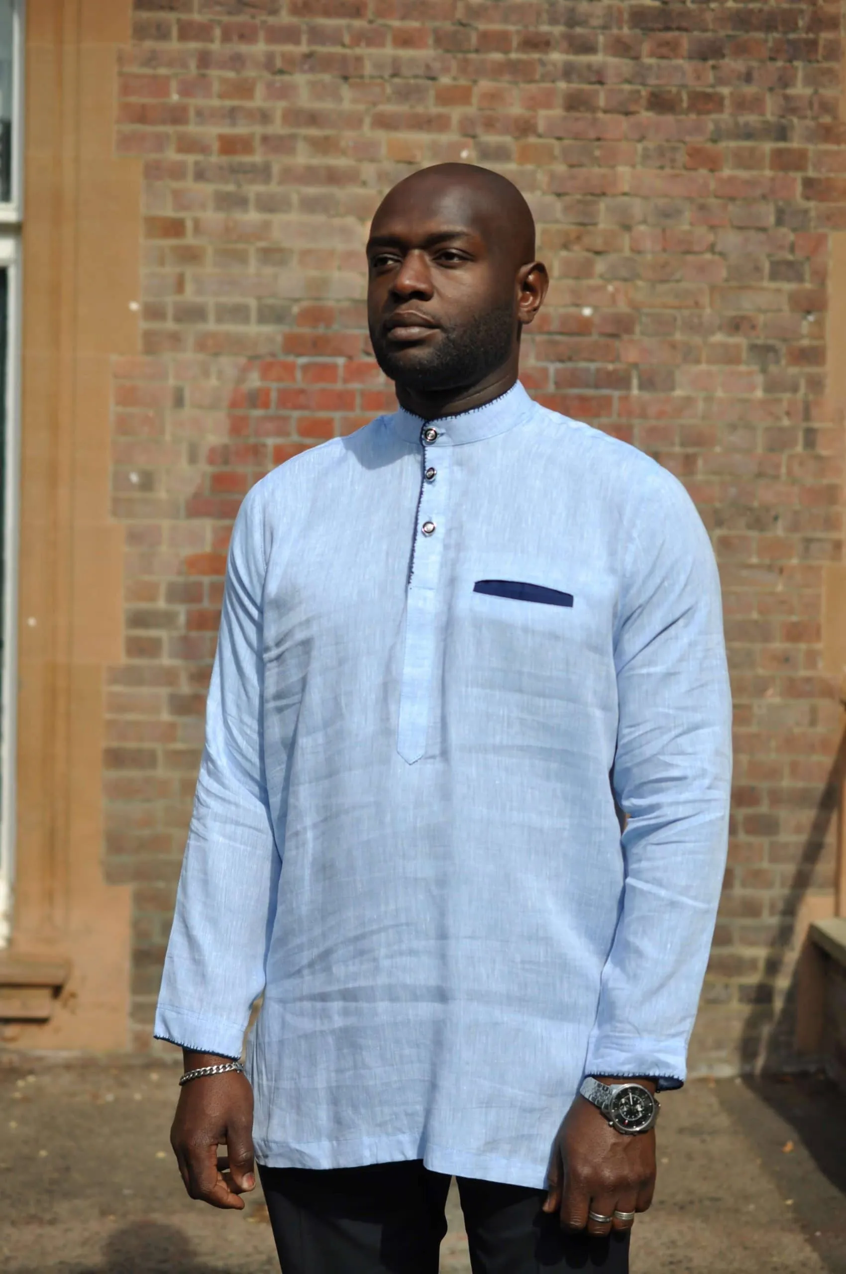 Dele Light Blue Long Sleeve Linen Polo Shirt - African Clothing Store | JT Aphrique