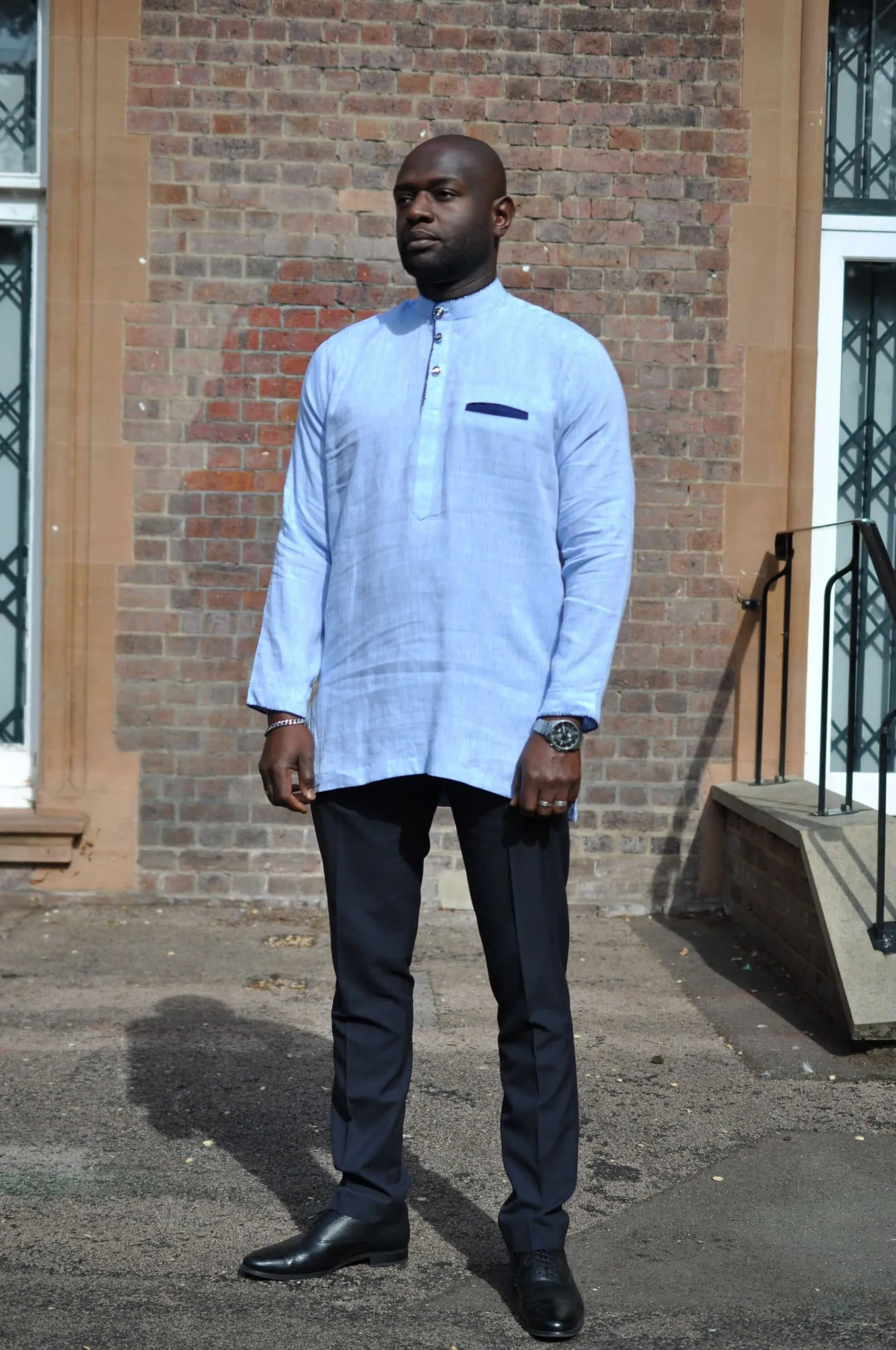 Dele Light Blue Long Sleeve Linen Polo Shirt - African Clothing Store | JT Aphrique