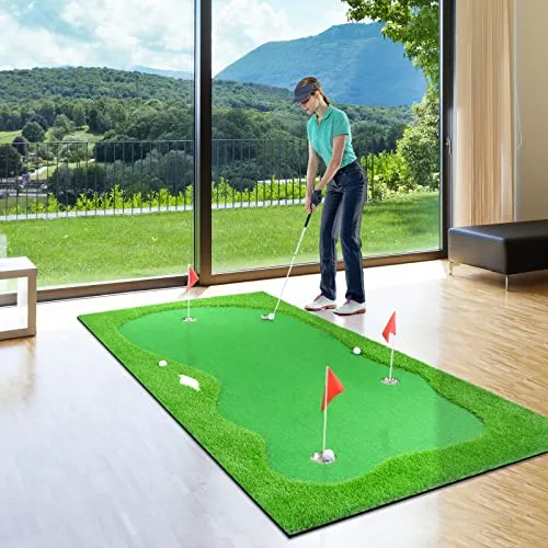 Deluxe Putting Green Bundle - 5x10 Foot Putting Green, Slope, Brush, Balls & Putter