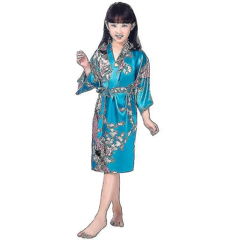 Girls' Satin Kimono Robe - Peacock And Blossoms Bathrobes Dressing Gown For Spa Wedding Birthday