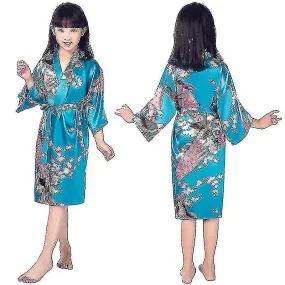 Girls' Satin Kimono Robe - Peacock And Blossoms Bathrobes Dressing Gown For Spa Wedding Birthday