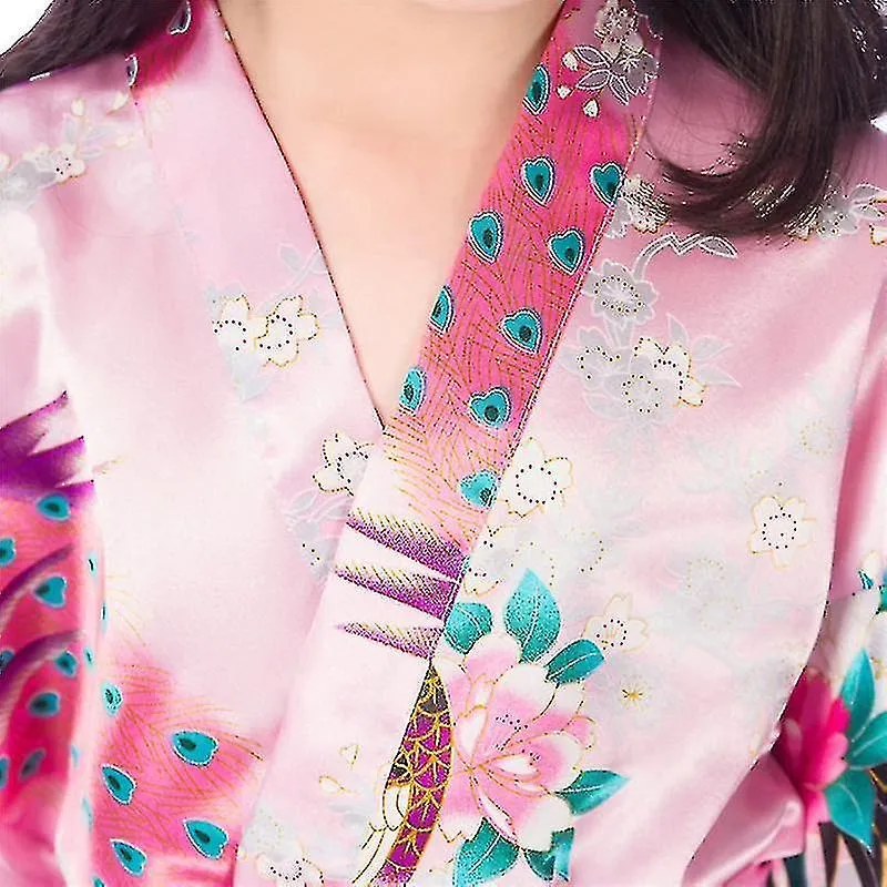 Girls' Satin Kimono Robe - Peacock And Blossoms Bathrobes Dressing Gown For Spa Wedding Birthday