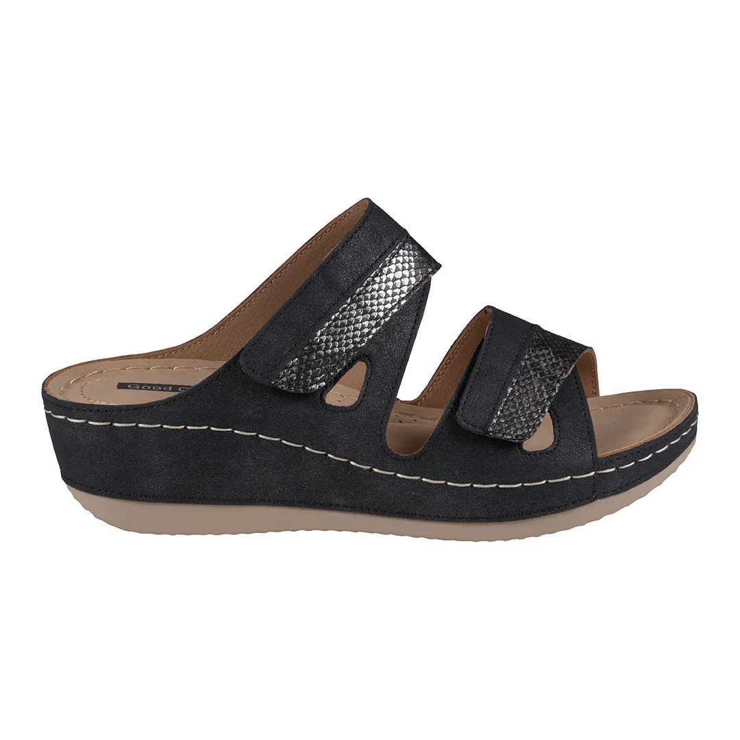 Havana Velcro Two-Tone Double Band Black Wedge Sandals