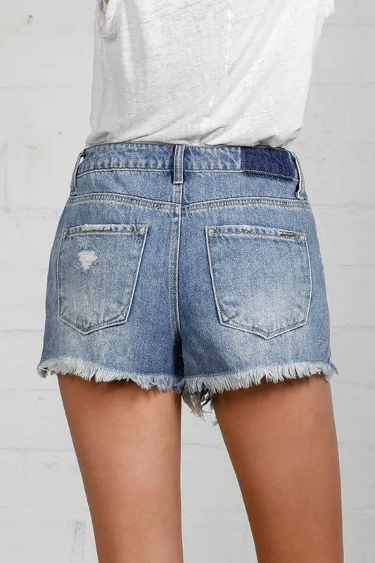 HIGH RISE DESTROYED DENIM SHORTS