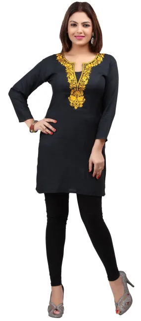 India Women's Tunic Top Kurti Embroidered Indian Clothing (Black/Yellow)