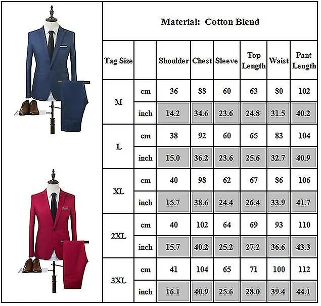 Men Business Formal Suit Set Slim Fit Wedding Blazer Coat + Pants 2 Piece Zh51-3