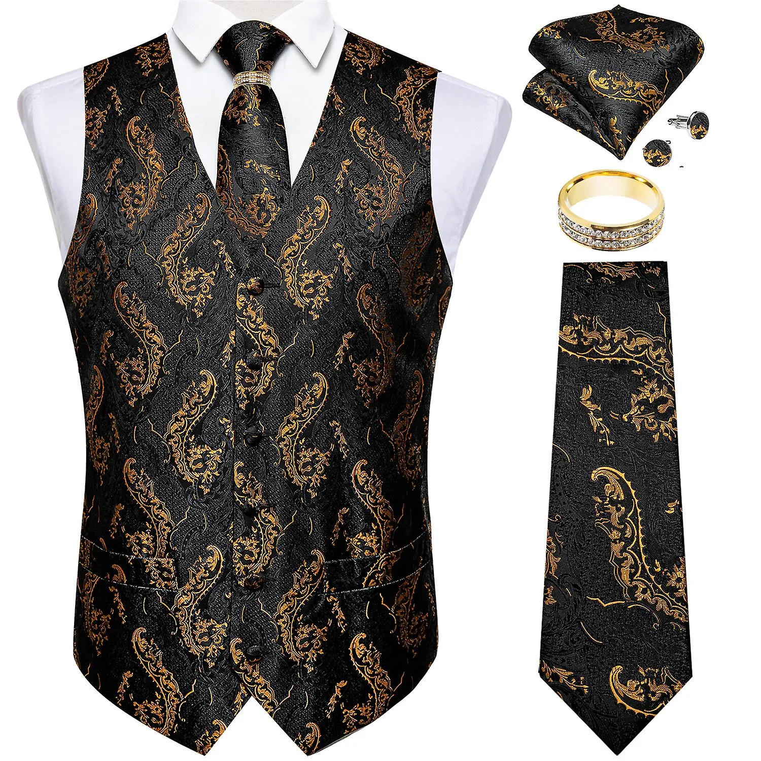 Men Vest Tie Set Classic Wedding Paisley Black Gold Paisley Tuxedo Suit Vest Formal Dress Male Waistcoat Sleeveless Vest Dibangu