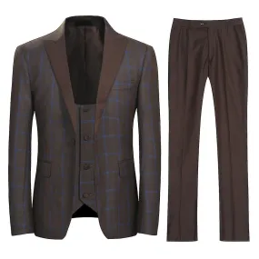 Mens 3-piece Peaked Lapel Plaid Wedding Suit (blazer + Trousers + Vest)