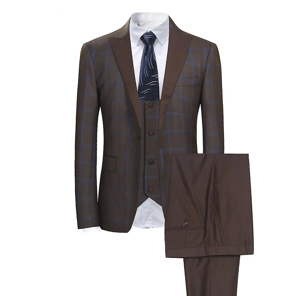 Mens 3-piece Peaked Lapel Plaid Wedding Suit (blazer + Trousers + Vest)