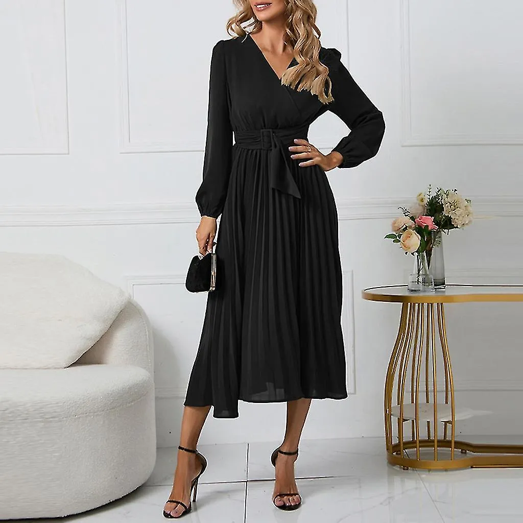 Mujer elegante manga larga Midi Dress Belted Party Wedding Guest Office Dresses