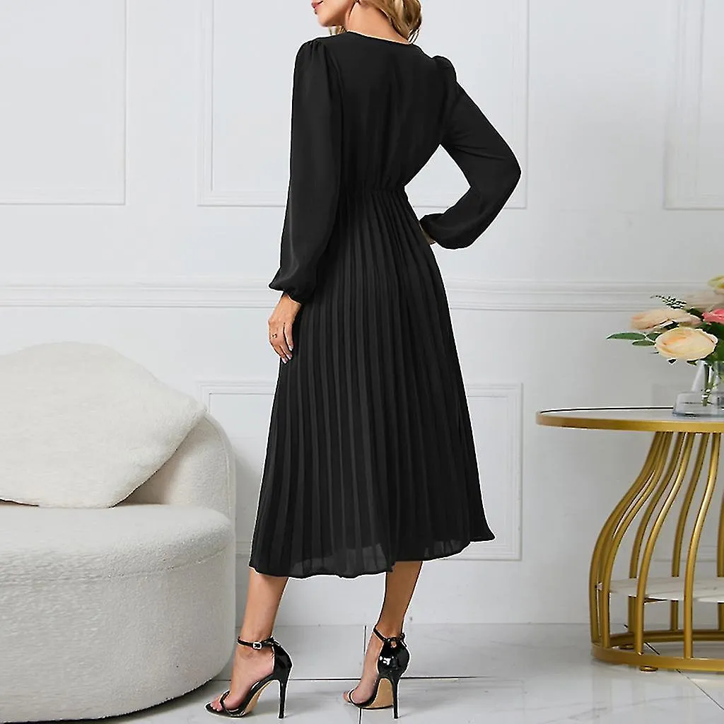 Mujer elegante manga larga Midi Dress Belted Party Wedding Guest Office Dresses