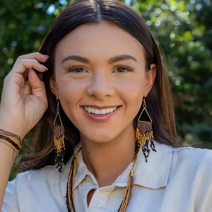 On Safari Open Triangle Beaded Dangle Earring w/ Bead Fringe