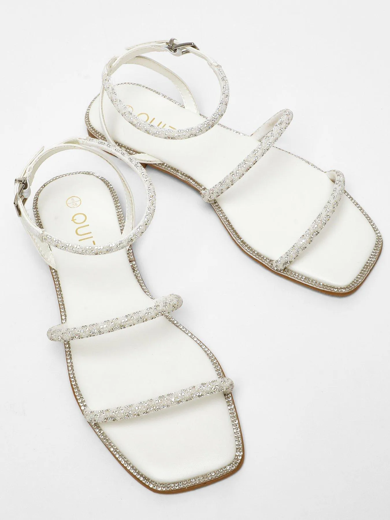 Quiz White Diamante Double Strap Flat Sandals