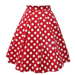 Red Skirt Women Vintage Pleated Polka Dot Skirt A-line Printed Mid Skirts