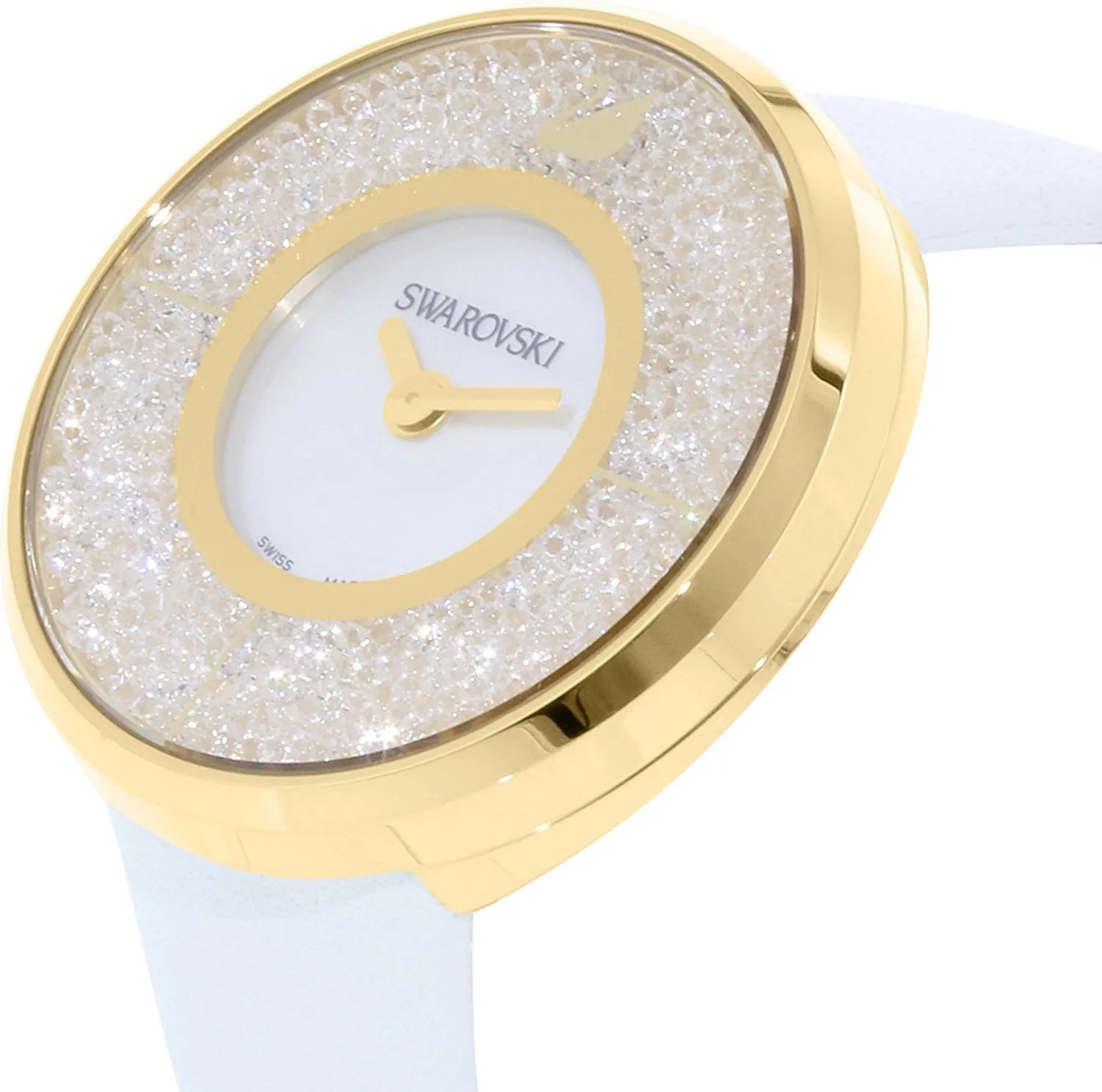 Swarovski Crystal Swiss Watch CRYSTALLINE Yellow Gold White Leather Belt #1184025