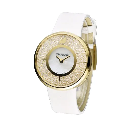 Swarovski Crystal Swiss Watch CRYSTALLINE Yellow Gold White Leather Belt #1184025