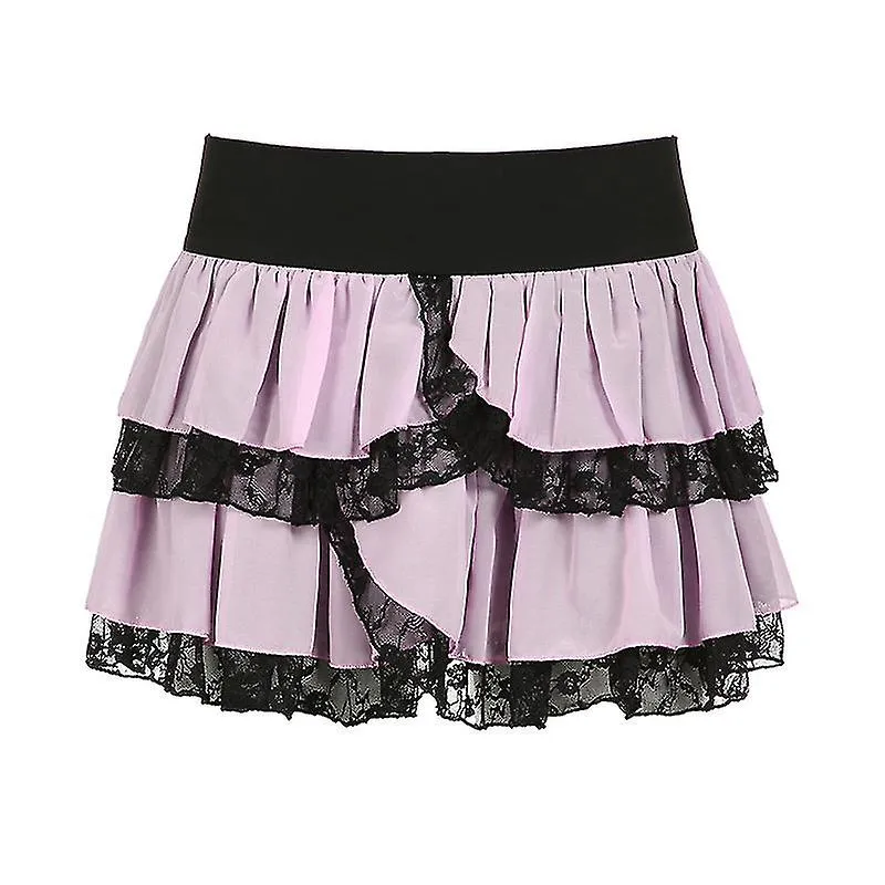 Sweet girl lace patchwork contrasting princess powder cake skirt A-line pleated fluffy half skirt style