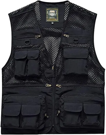 Veeki Mens Summer Outdoor Work Safari Fishing Travel Photo Vest with Pockets Summer Thin Mesh Fishing Vest Negro