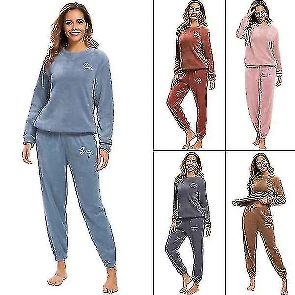 Winter Warm Pajamas Plus Fleece Top Trousers Round Neck Soft Pajamas Set