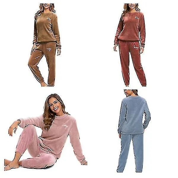 Winter Warm Pajamas Plus Fleece Top Trousers Round Neck Soft Pajamas Set