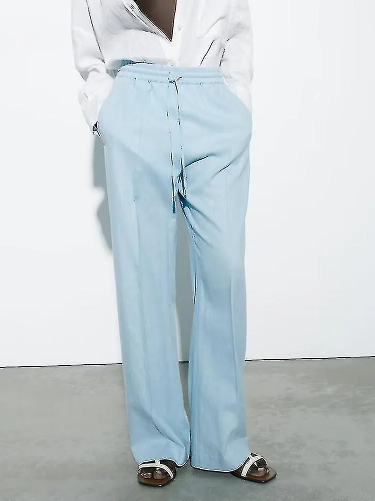 Women Solid Colour Wide Leg Trousers Summer Fashion Casual High Street Elastic Waist Drawstring Trousers