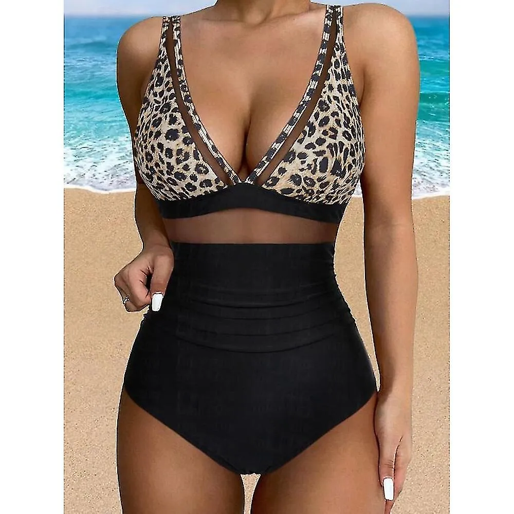 Women's Normal Swimwear Bikini Swimsuit Mesh Patchwork Solid Color Leopard Beach Wear Holiday Bathing Suits