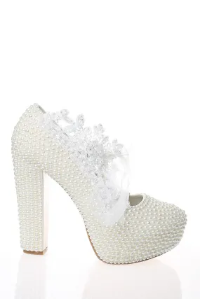 Women's Pearl Stone Floral Lace Design Wedding Shoes