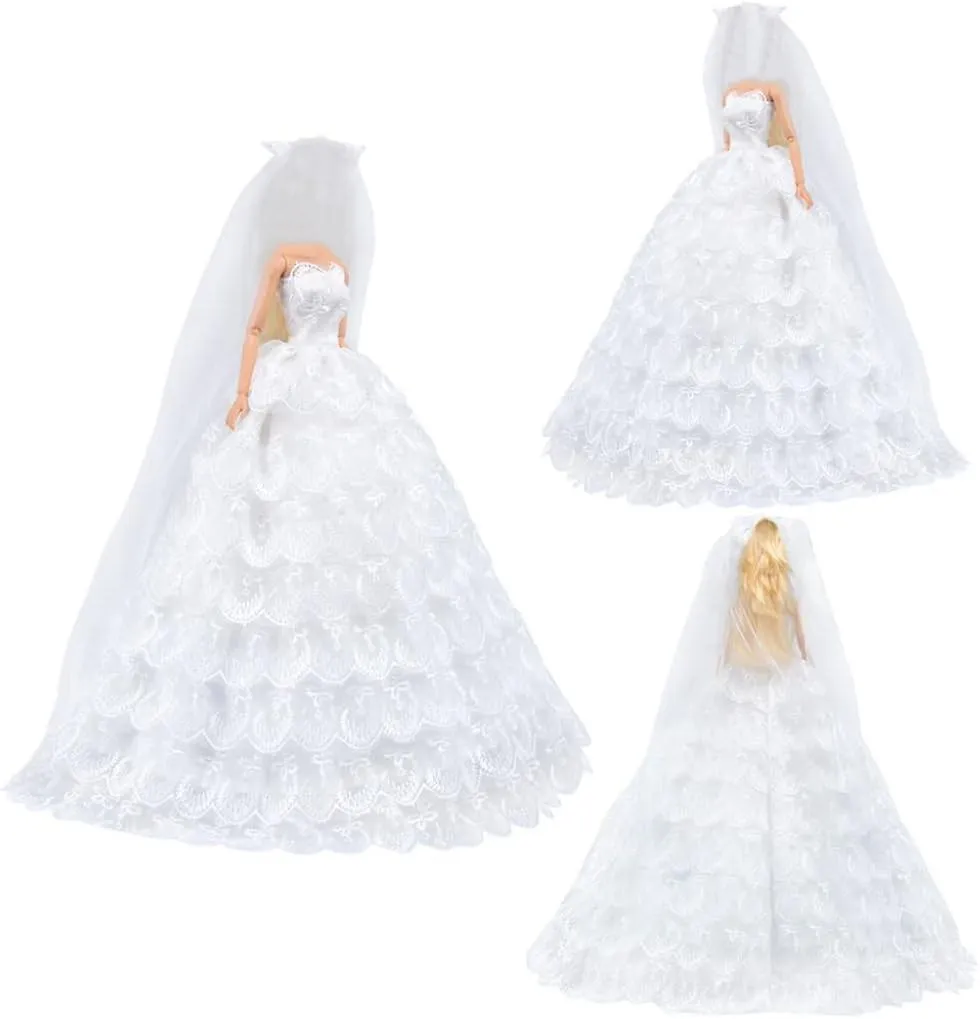 （White）Princess Doll Wedding Dress Gown Lace Floral Dress Embroid