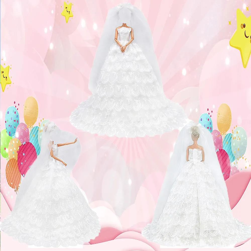 （White）Princess Doll Wedding Dress Gown Lace Floral Dress Embroid